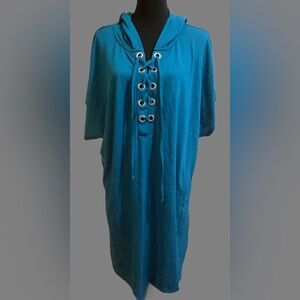 Blue Lace-Up Hoodie Dress